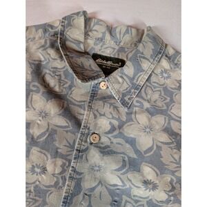 Eddie Bauer Mens Floral Print Short Sleeve Button Up Shirt Blue Tan Size L